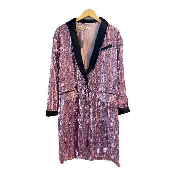 FREE PEOPLE Ella Duster Sequin Purple Combo Black Trim Jacket XS/S Oversized NWT